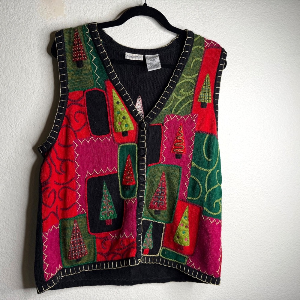Vtg White Stag Women's Christmas Vest Black Sz 18 Novelty Embroidered Tree